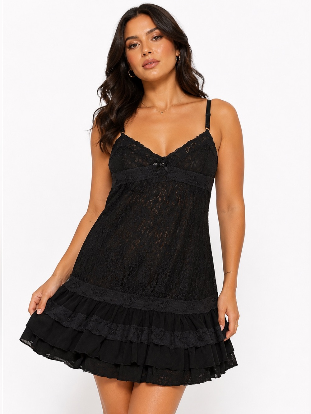 90s/Y2K European Vintage Jigsaw Lace Ruffle Hem Tiered Slip Dress (Black) L/XL